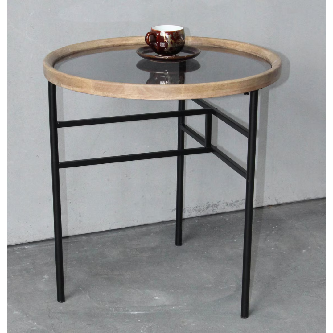 Wooden and Metal Round Side Table - natural/black