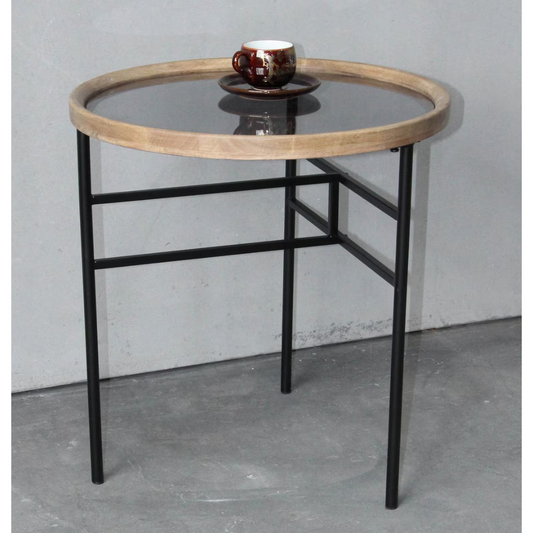 Wooden and Metal Round Side Table - natural/black