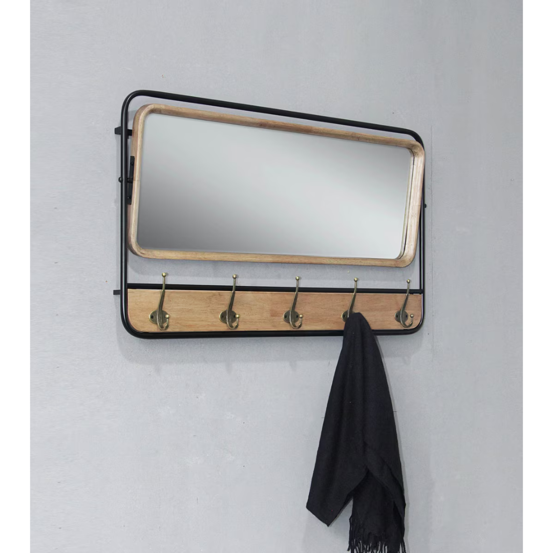 Wooden Wall Hanging Mirror with Hooks - natural/black