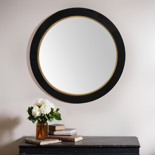 Black Oak & Gold Round Wall Hanging Mirror - large