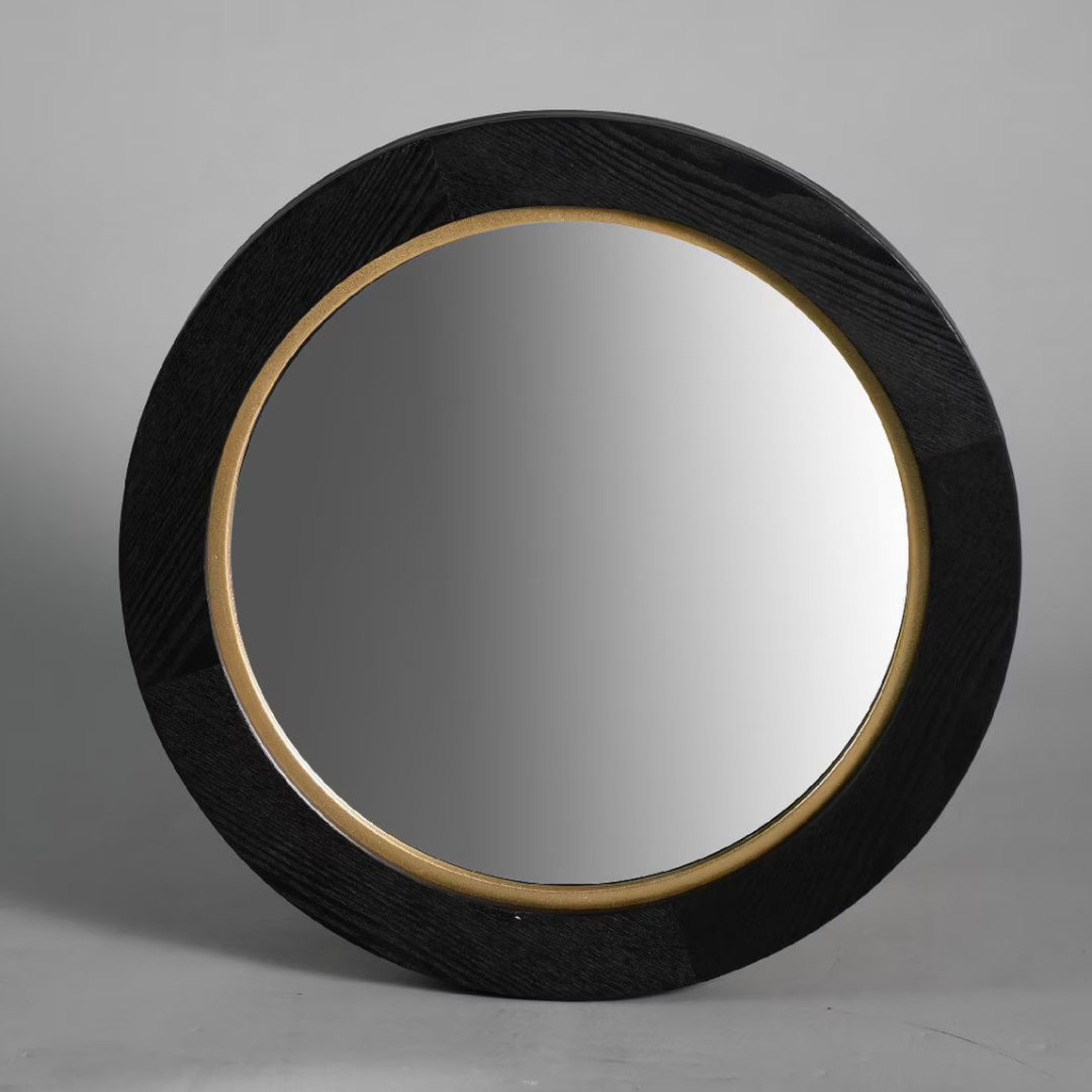 Black Oak & Gold Round Wall Hanging Mirror - small