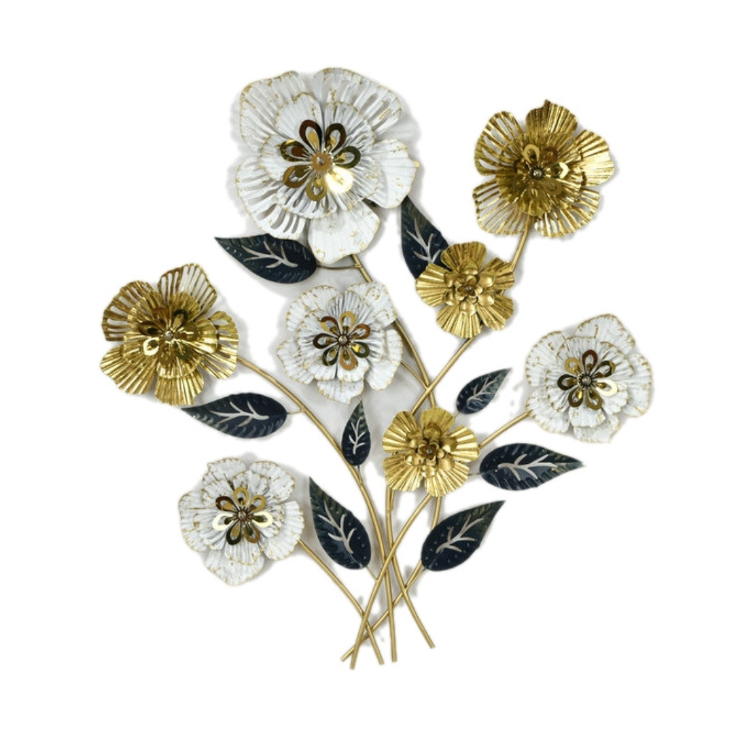 Floral Bunch Metal Art Wall Hanging - gold/white