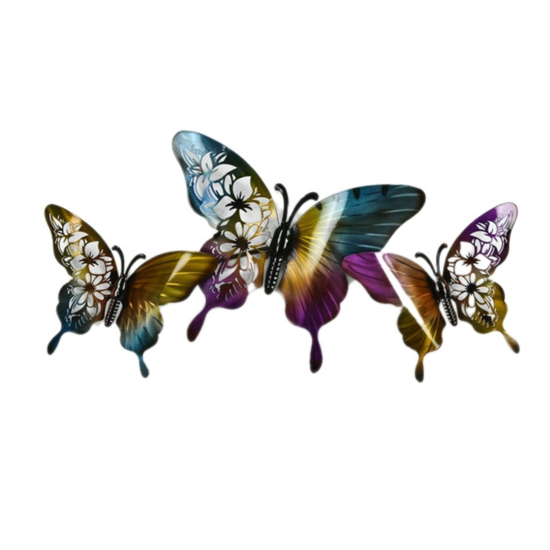 Triple Butterfly Display Metal Art Wall Hanging - multi
