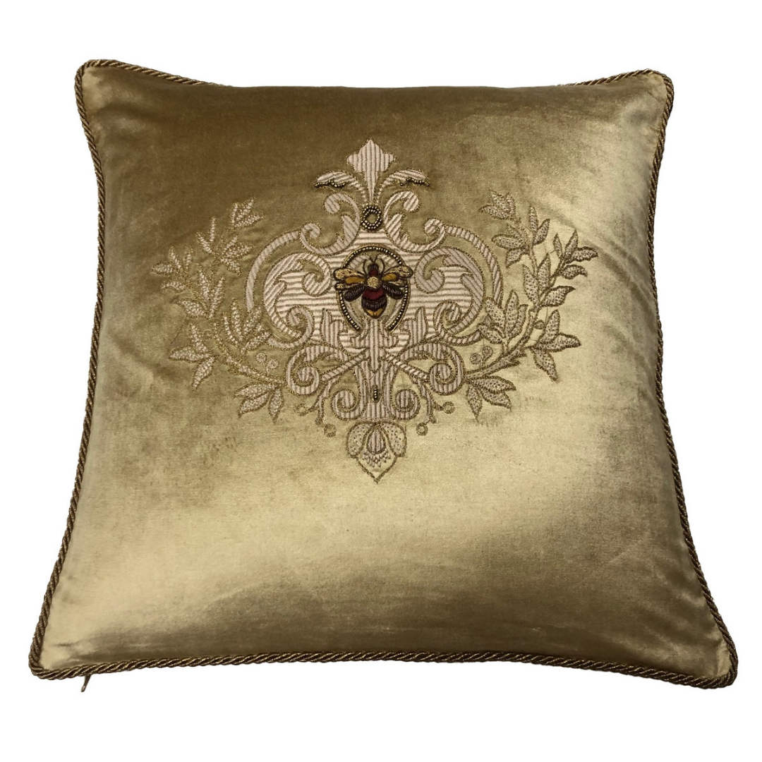 Sanctuary Hand Embroidered Cushion Cover Antique gold w wreath Cushions Mish Lifestyle Store