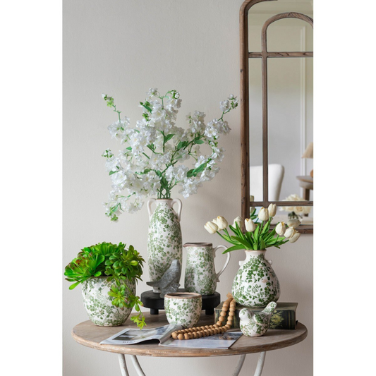 Ceramic Bird with Flower Pattern - Green/White