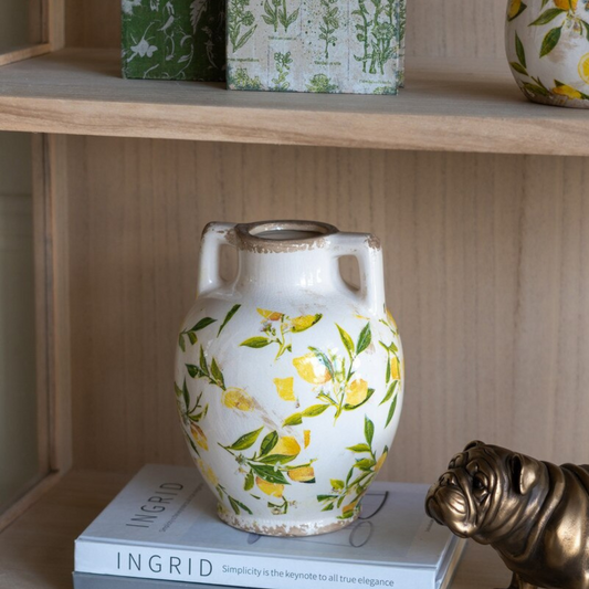 Lemon & Leaves Ceramic Vase with handles