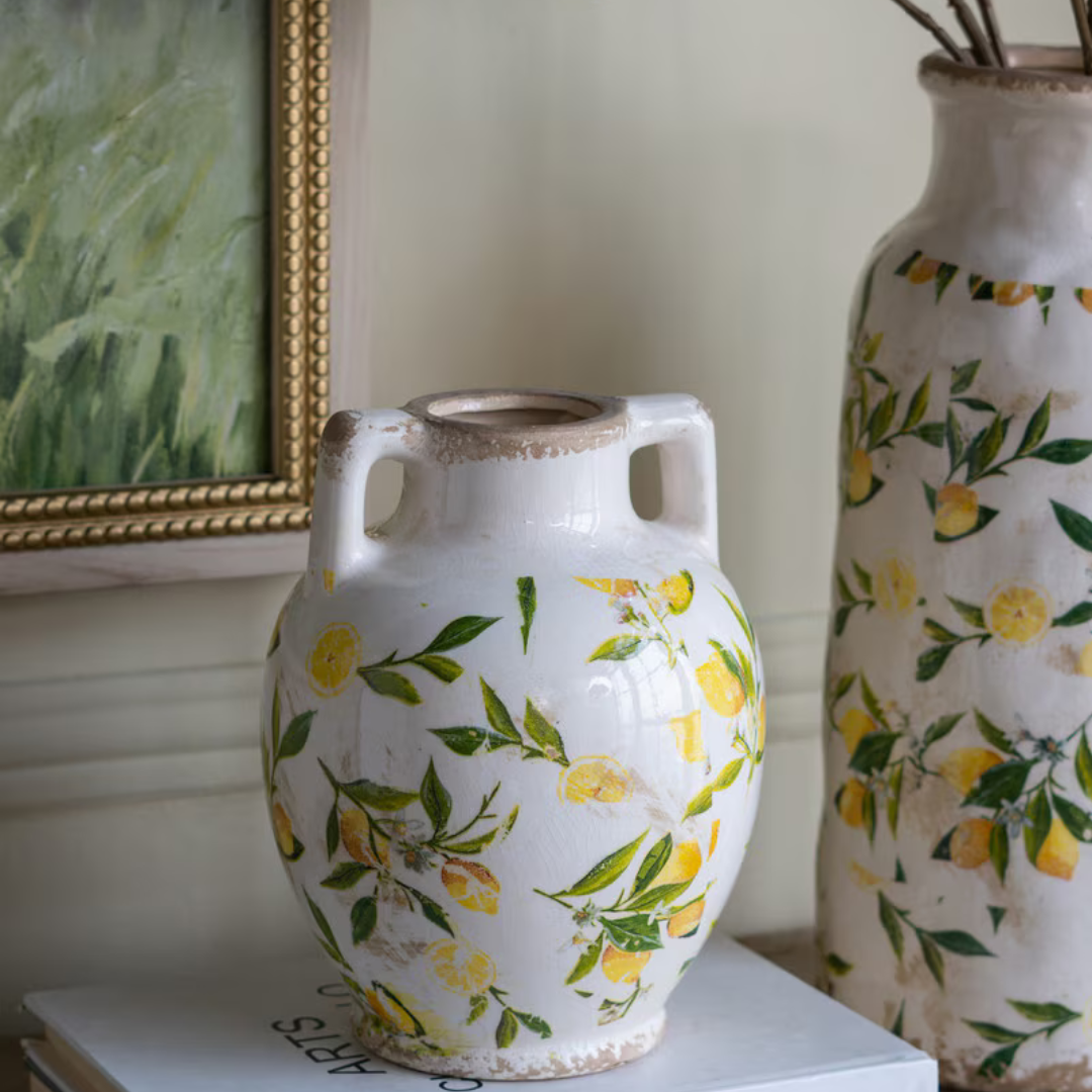 Lemon & Leaves Ceramic Vase with handles