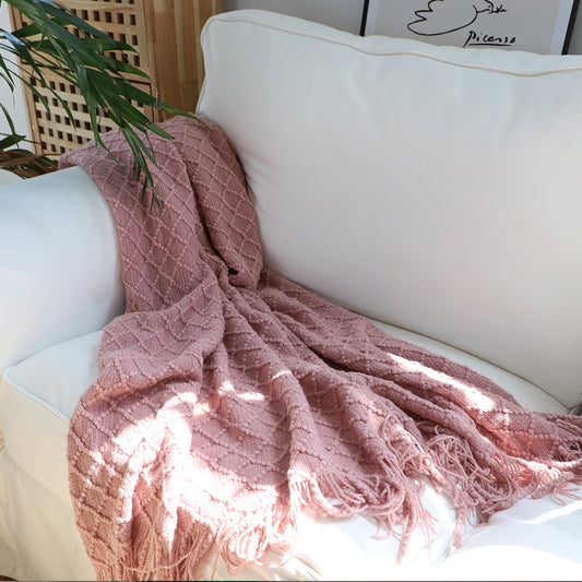 Throw Blanket Diamond Pattern Knitted with Tassels - Pink