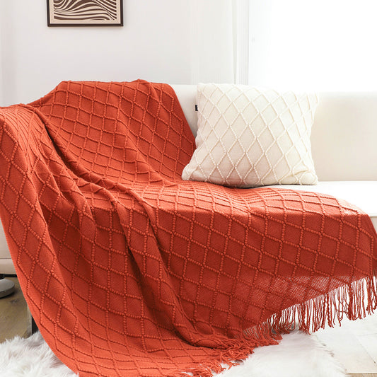 Throw Blanket Diamond Pattern Knitted Throw with Tassels - Red