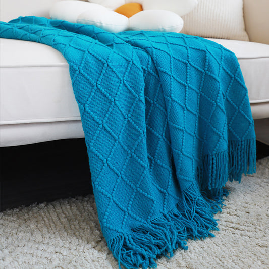 Throw Blanket Diamond Pattern Knitted Throw with Tassels - Blue