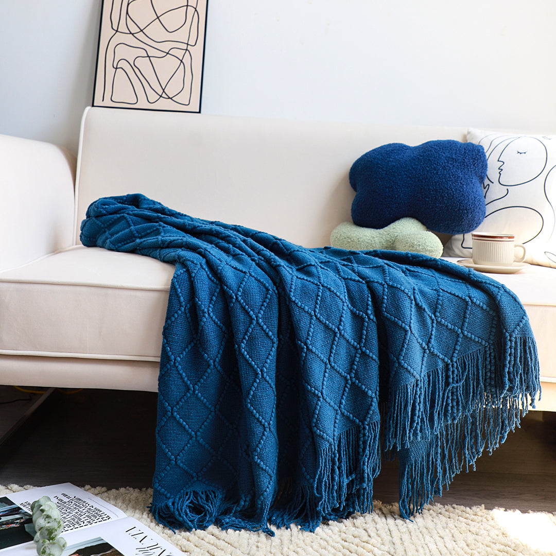 Throw Blanket Diamond Pattern Knitted Throw with Tassels - Royal Blue