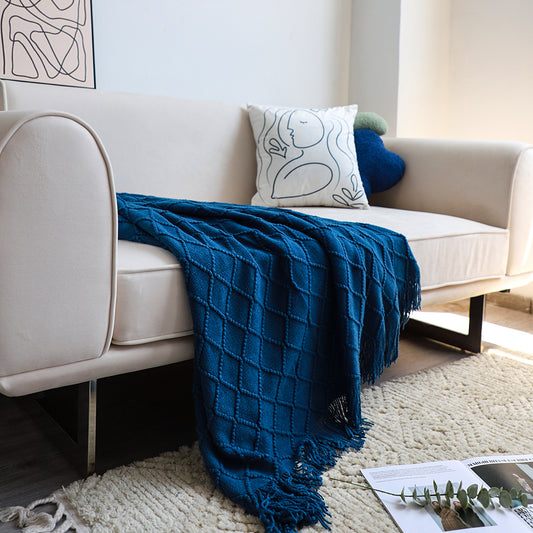 Throw Blanket Diamond Pattern Knitted Throw with Tassels - Royal Blue