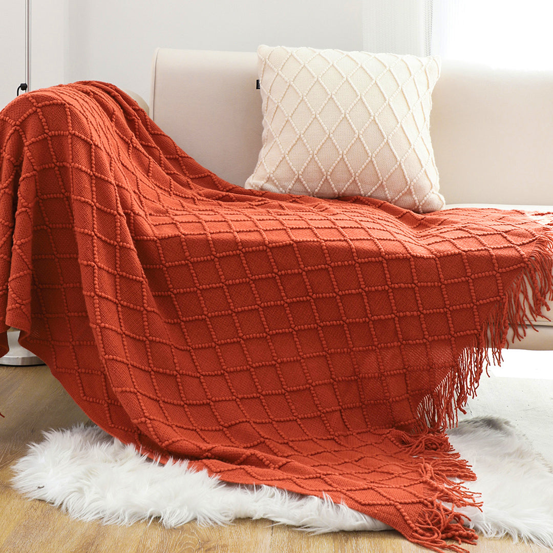 Throw Blanket Diamond Pattern Knitted Throw with Tassels - Red