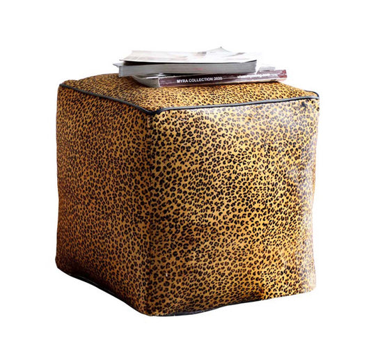 Leopard Hairon Leather Pouf - Square