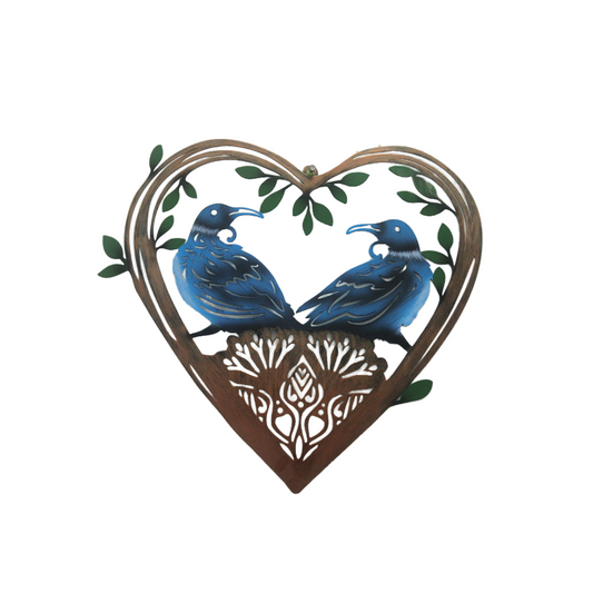 Pair of Tuis in Heart Metal Art Wall Hanging - bronze/blue