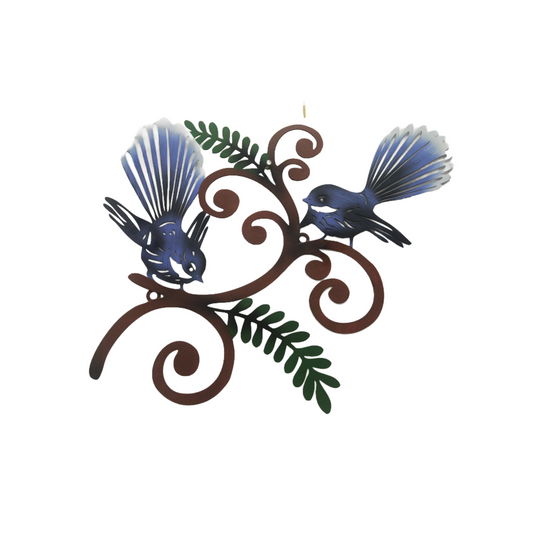 Pair of Fantails Metal Art Wall Hanging - bronze/blue