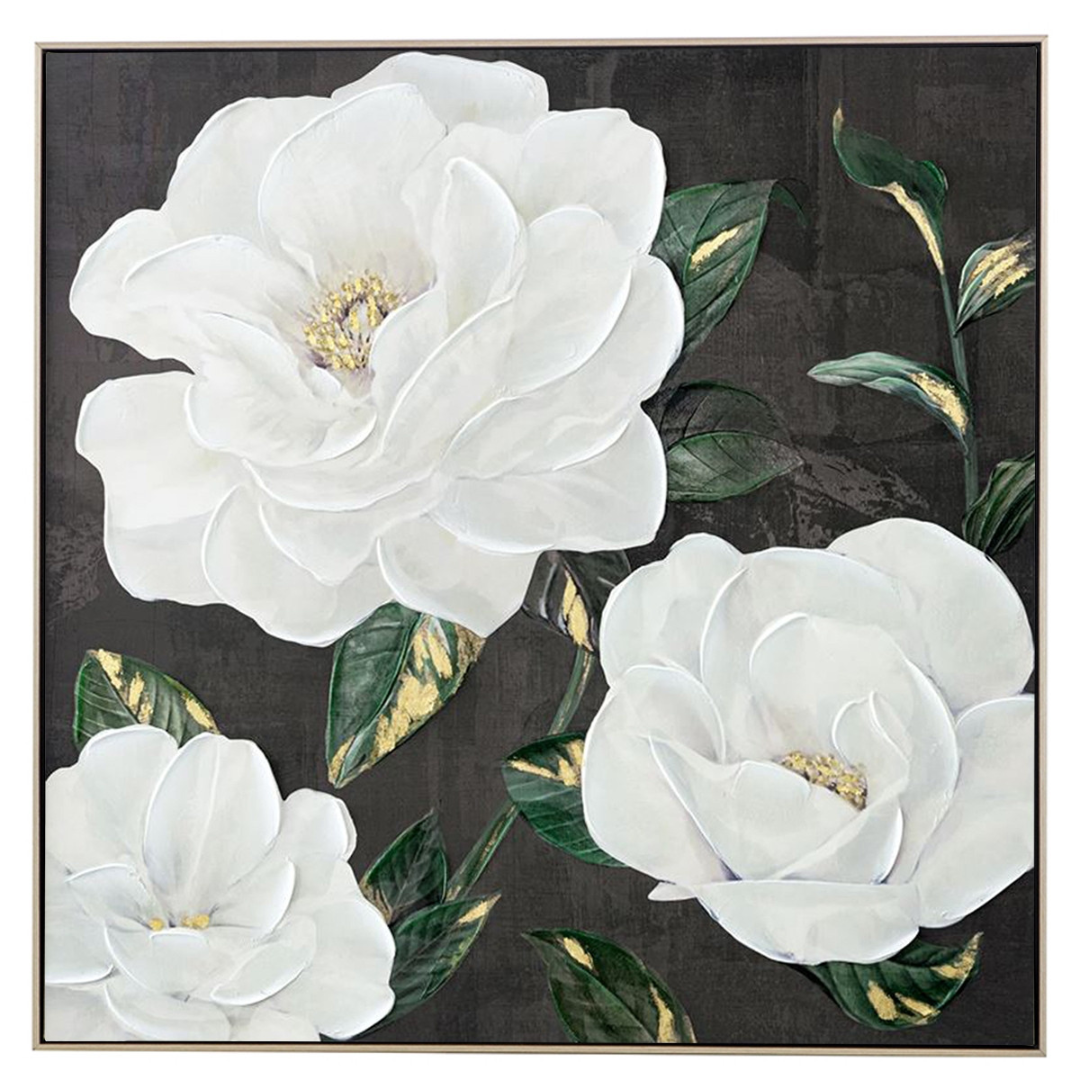 Camellia Flowers Canvas Art Painting in Gold Frame - white