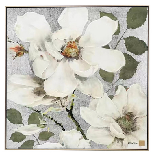 Wild Roses Canvas Art Painting in Gold Frame - white