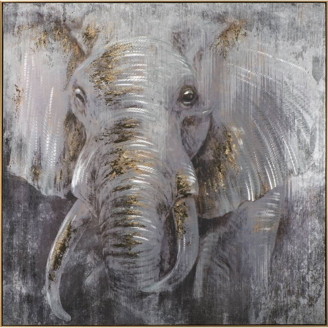 Elephant Canvas Wall Art Hand Painting in Gold Frame - Grey/Gold