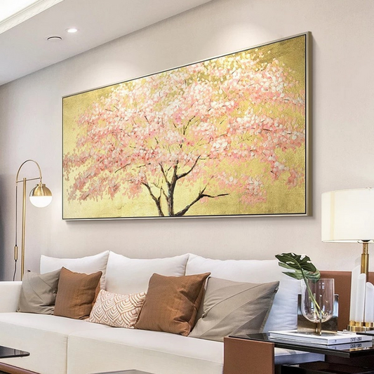 Cherry Blossoms Canvas Wall Art Painting in Gold Frame