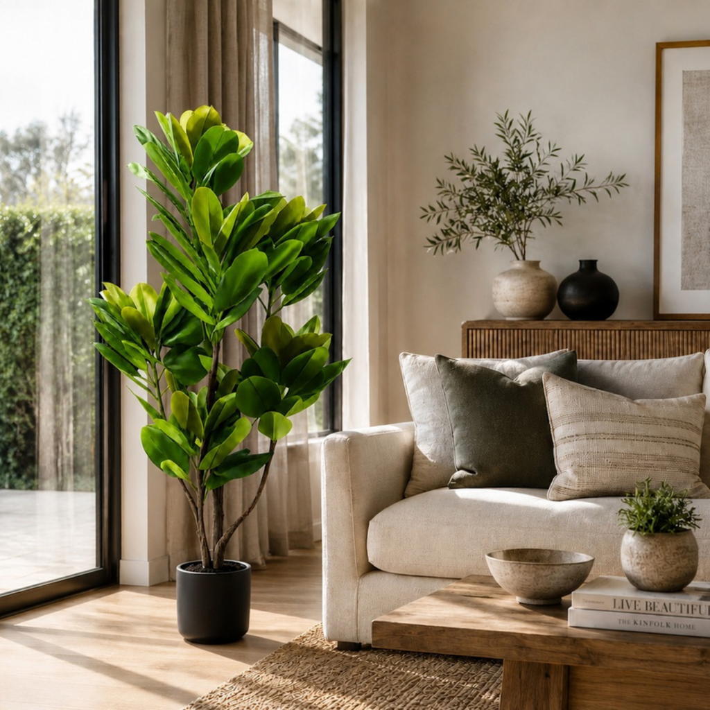Real touch rubber tree in black pot styled beside a window and sofa