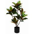 An artificial magnolia tree with glossy green and brown leaves in a black cylindrical pot, set against a plain white background.
Real touch artificial magnolia tree in matte black pot on white background