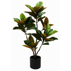 An artificial magnolia tree with glossy green and brown leaves in a black cylindrical pot, set against a plain white background.
Real touch artificial magnolia tree in matte black pot on white background