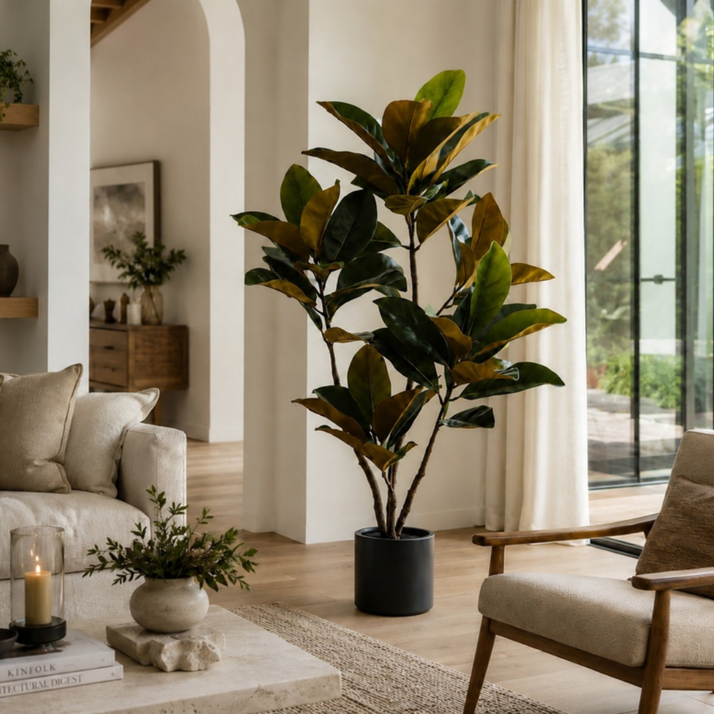 A tall fiddle-leaf fig plant in a matte black pot, placed in a bright, modern living room next to a beige armchair and a marble coffee table.
Real touch magnolia tree in black pot styled in a living room corner