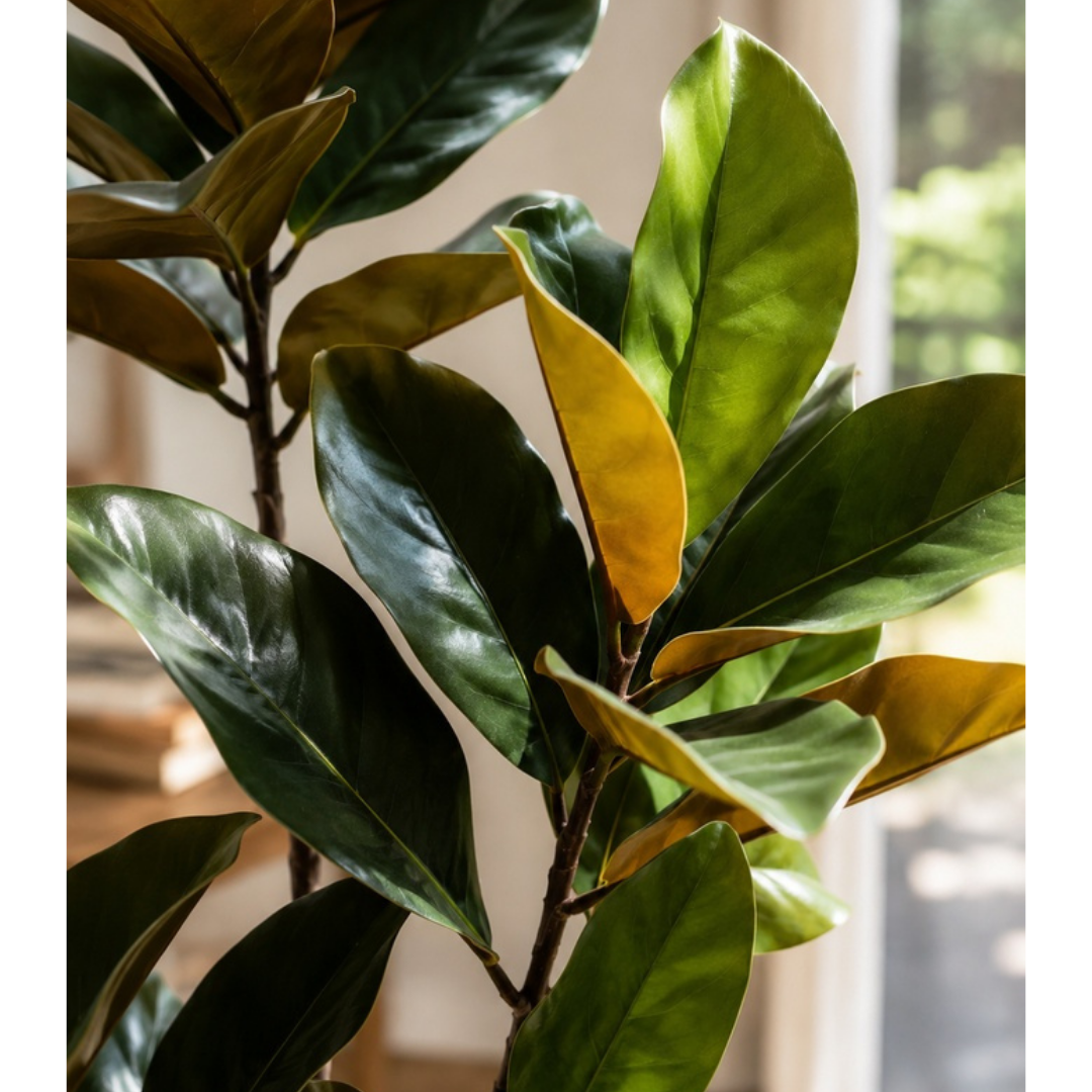 A close-up of a fiddle-leaf fig plant with large glossy green and yellow variegated leaves, photographed indoors near a bright window.
Close-up of real touch magnolia leaves showing glossy green and bronze detail