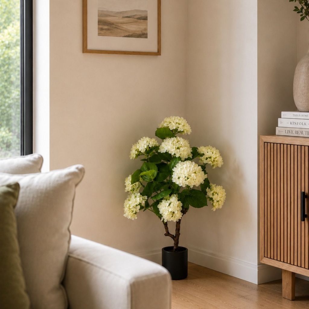 An artificial hydrangea plant with cream-colored blooms and green leaves in a black pot, styled in a corner of a modern living room next to a sofa and a wooden cabinet.
Real touch white hydrangea tree in black pot styled beside a window and sideboard