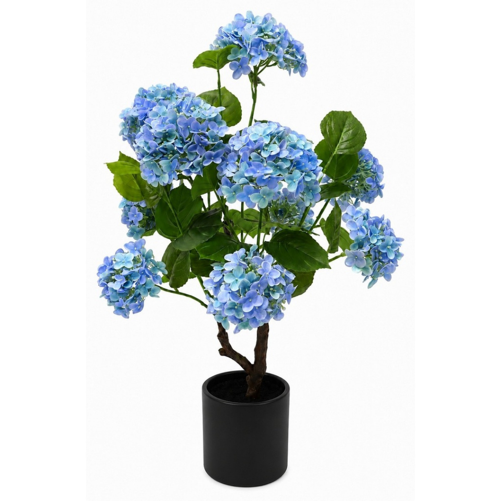 An artificial hydrangea tree with light blue flowers and green leaves, planted in a black cylindrical pot against a plain white background.
Real touch artificial blue hydrangea tree in matte black pot on white background