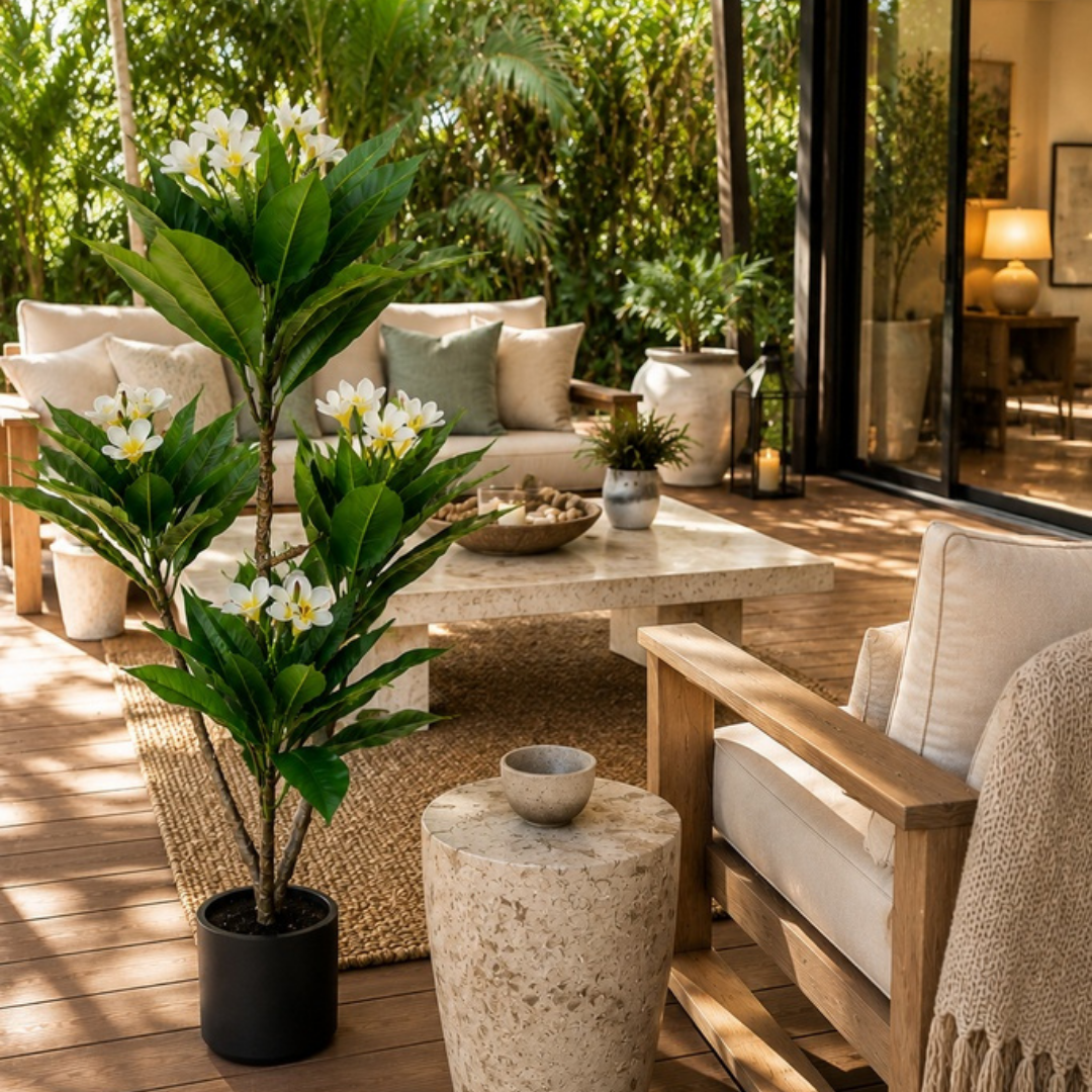 A styled outdoor patio scene with a potted frangipani plant in the foreground, a stone coffee table, woven seating, and lush tropical greenery in the background.
Real touch frangipani tree in black pot styled on a covered outdoor deck