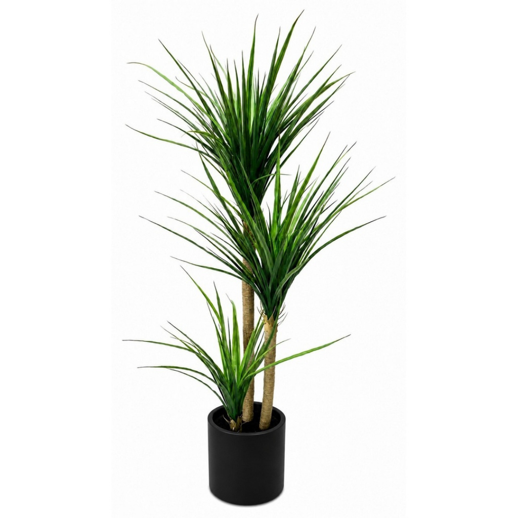 Real touch artificial dragon tree with spiky foliage in matte black pot on white background