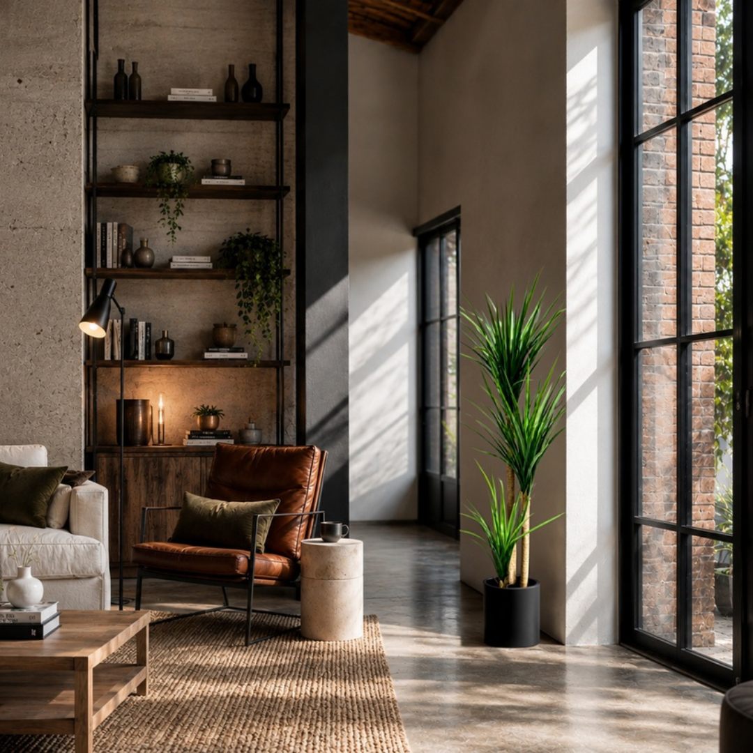 Real touch dragon tree in black pot styled in an industrial loft living room