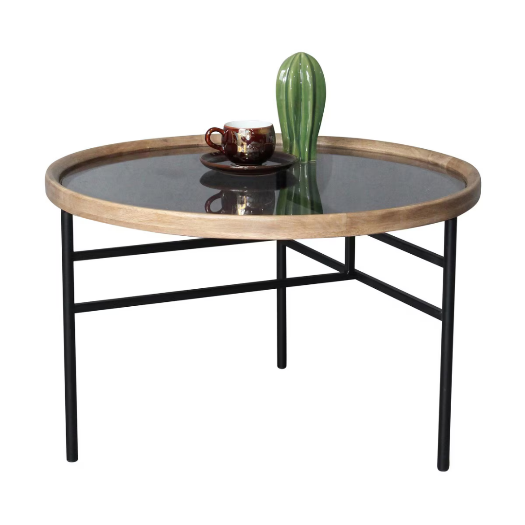 Wooden and Metal Round Coffee Table - natural/black -small