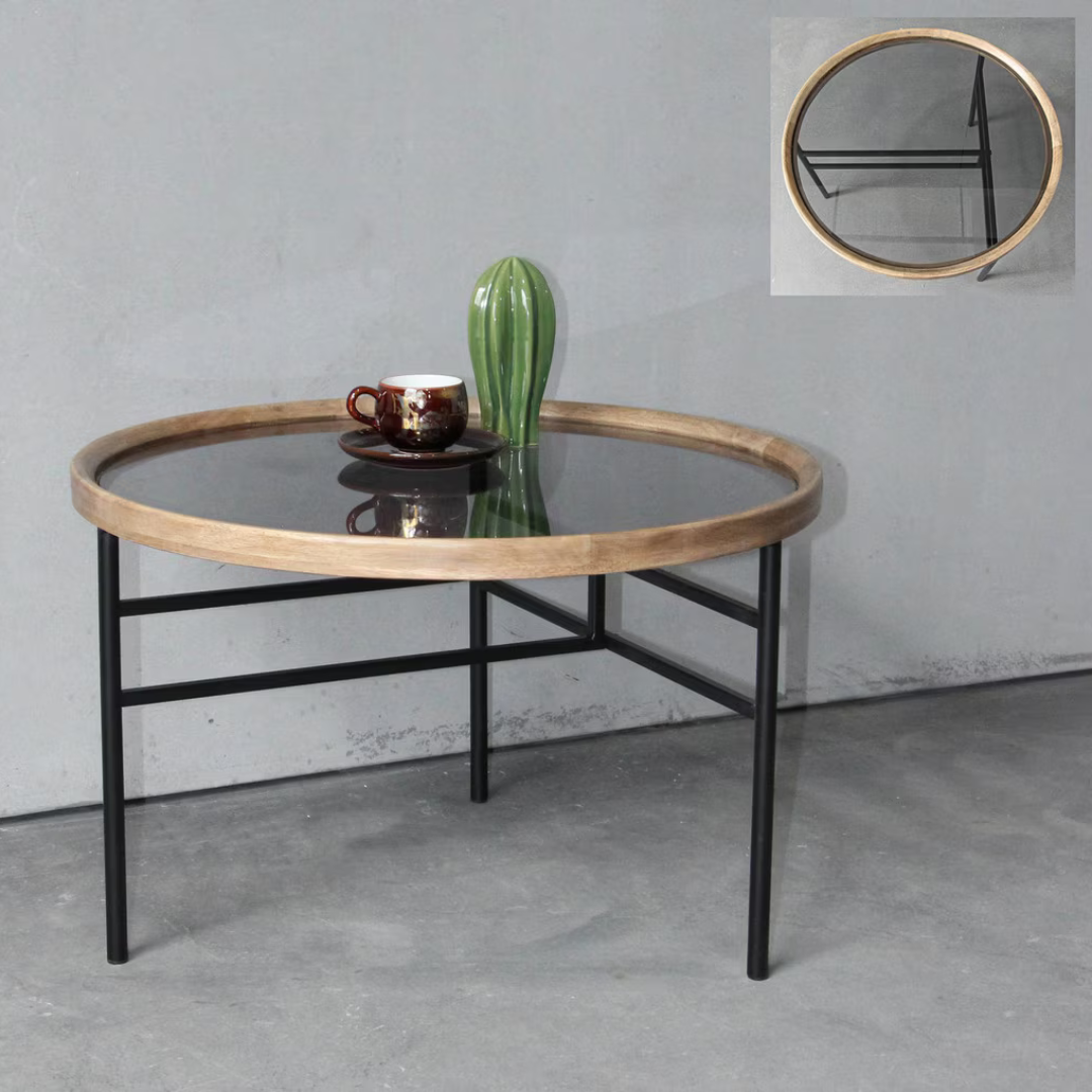 Wooden and Metal Round Coffee Table - natural/black -small