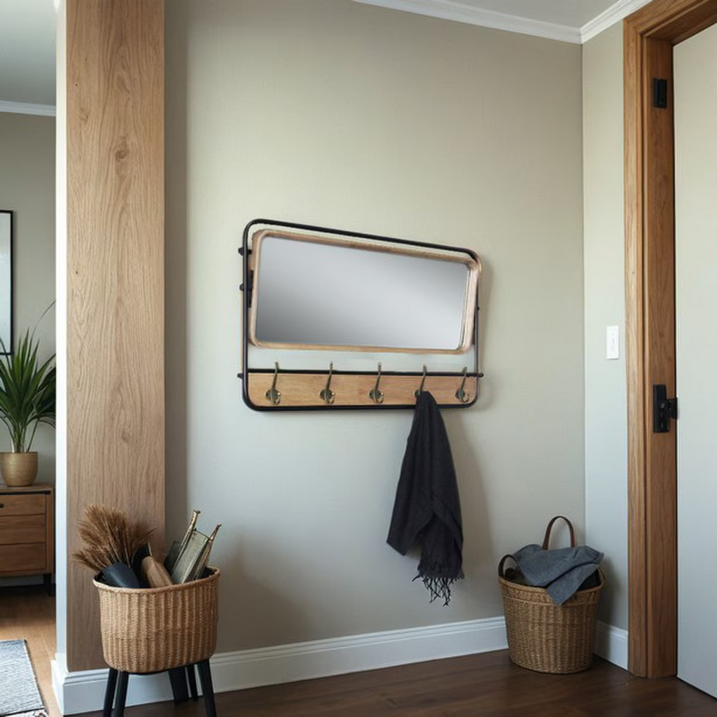 Wooden Wall Hanging Mirror with Hooks - natural/black