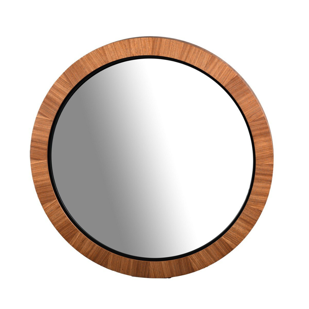 Teak & Black Round Wall Hanging Mirror - teak