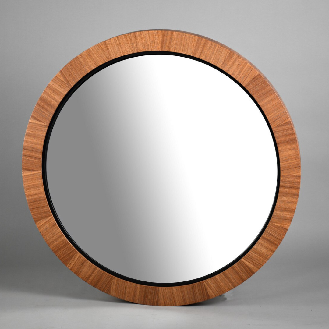 Teak & Black Round Wall Hanging Mirror - teak