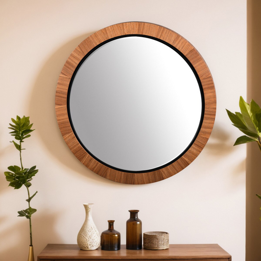 Teak & Black Round Wall Hanging Mirror - teak