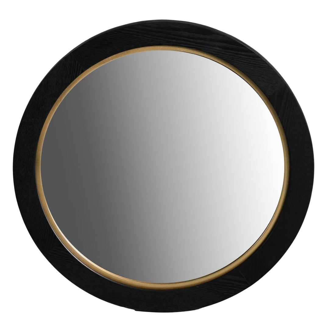 Black Oak & Gold Round Wall Hanging Mirror