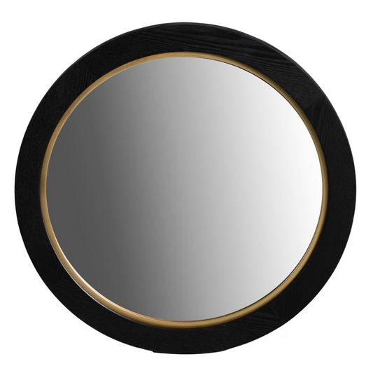 Black Oak & Gold Round Wall Hanging Mirror