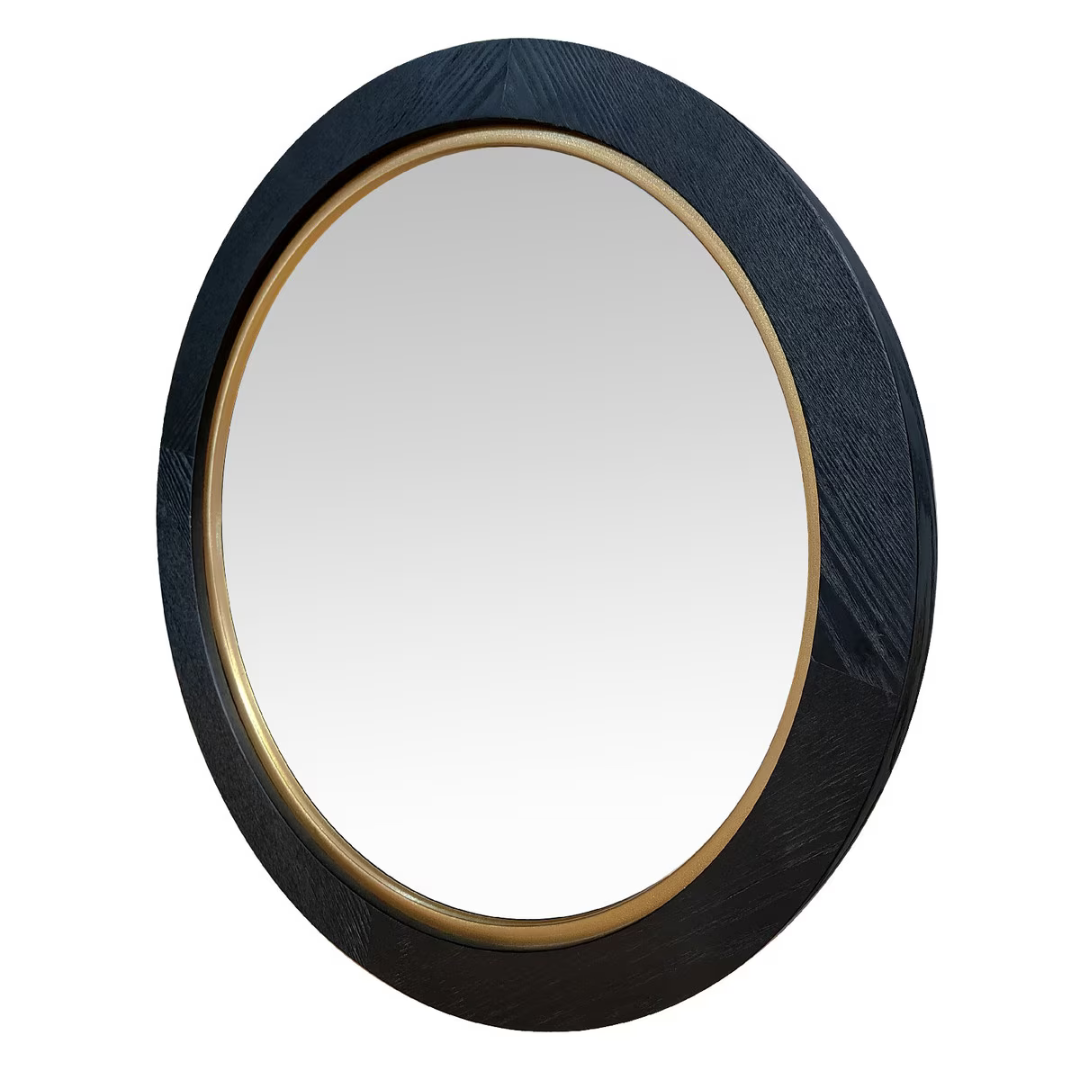 Black Oak & Gold Round Wall Hanging Mirror - large