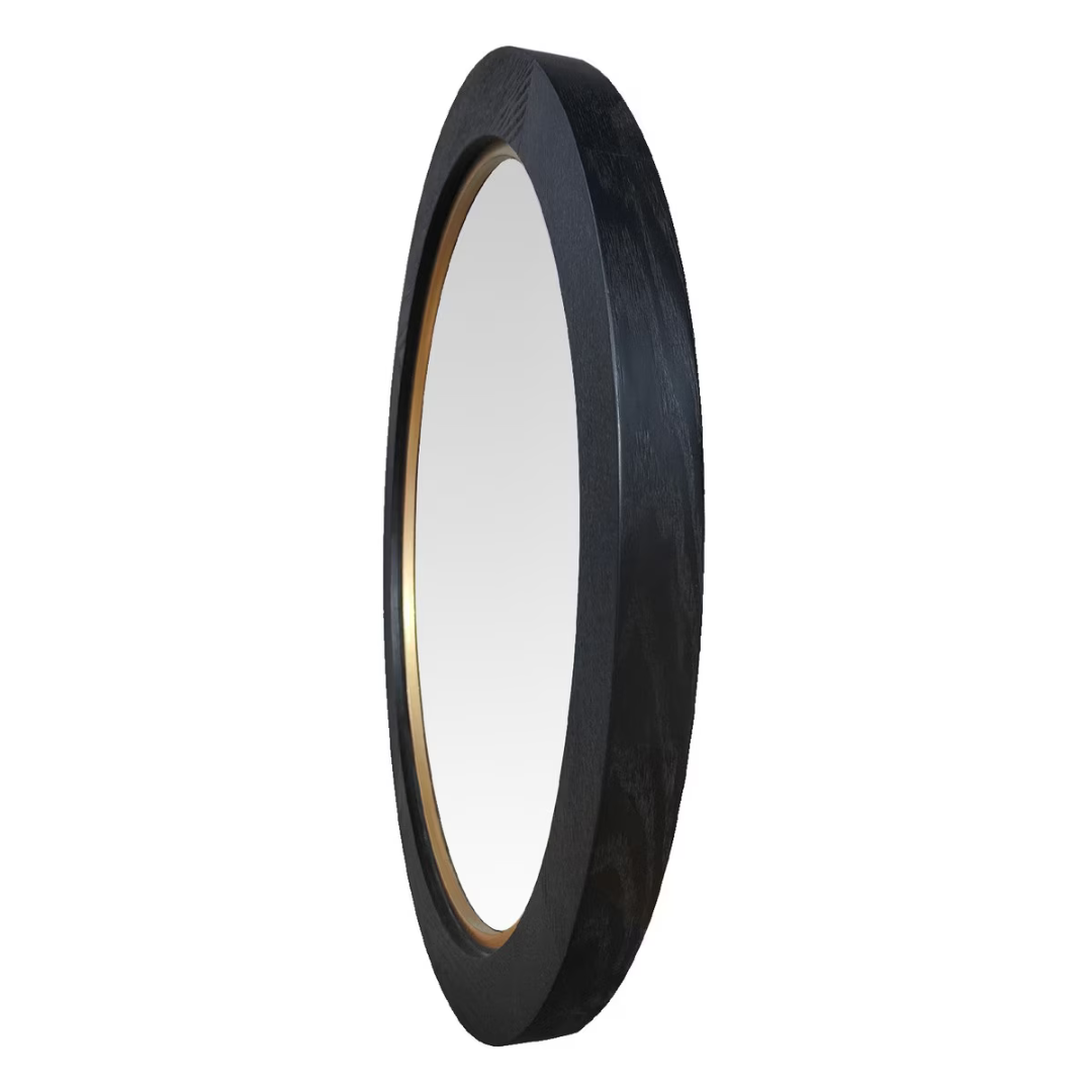 Black Oak & Gold Round Wall Hanging Mirror - large