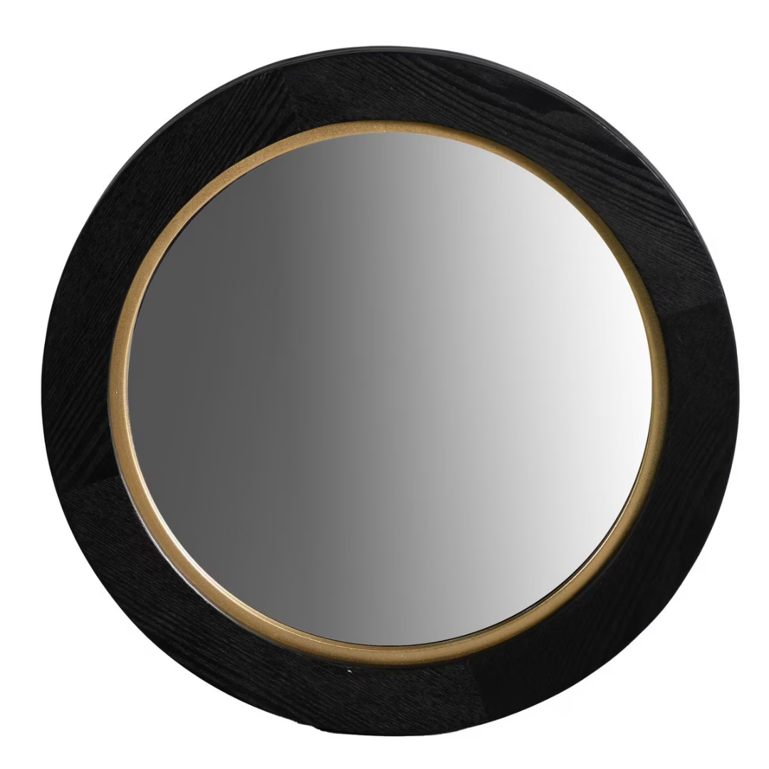 Black Oak & Gold Round Wall Hanging Mirror - small