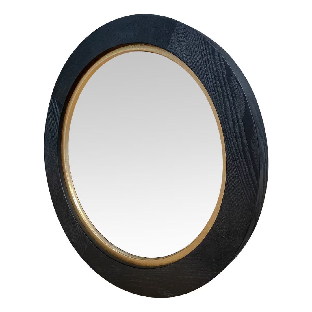 Black Oak & Gold Round Wall Hanging Mirror - small