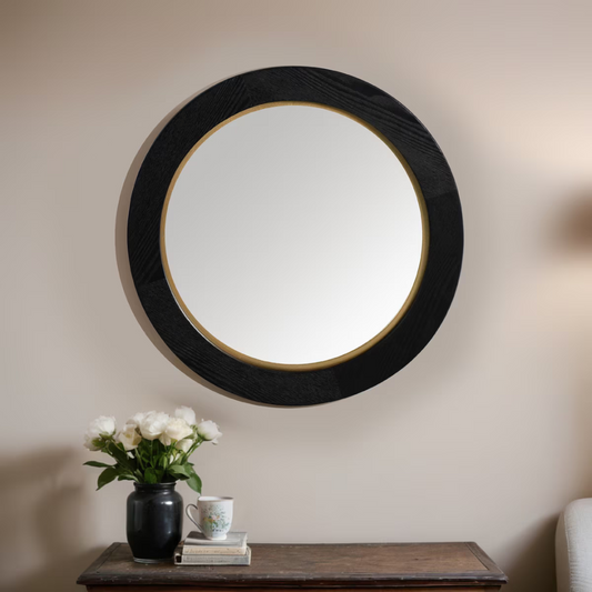 Black Oak & Gold Round Wall Hanging Mirror - small