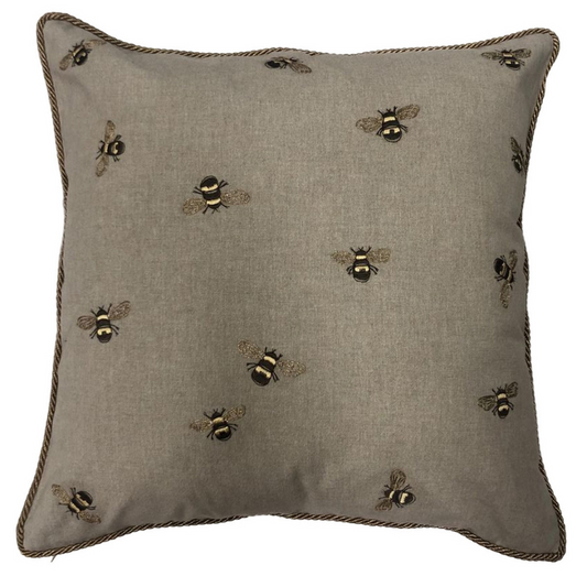 Sanctuary Hand Embroidered Cushion Cover - natural chambrey with bees