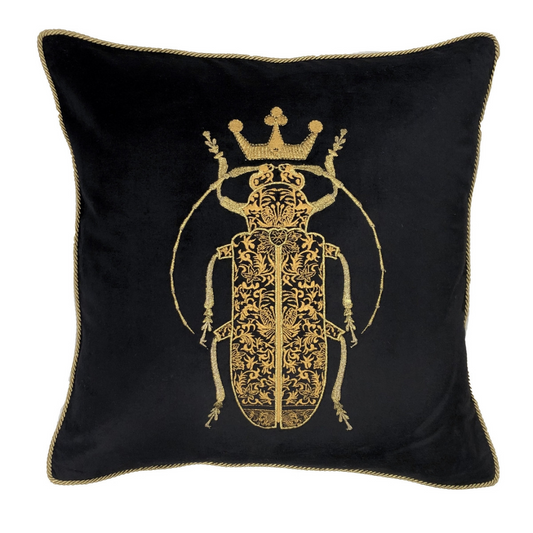 Sanctuary Hand Embroidered Cushion Cover - black w/ gold bug