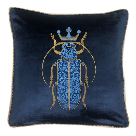 Sanctuary Hand Embroidered Cushion Cover - blue w/ blue bug